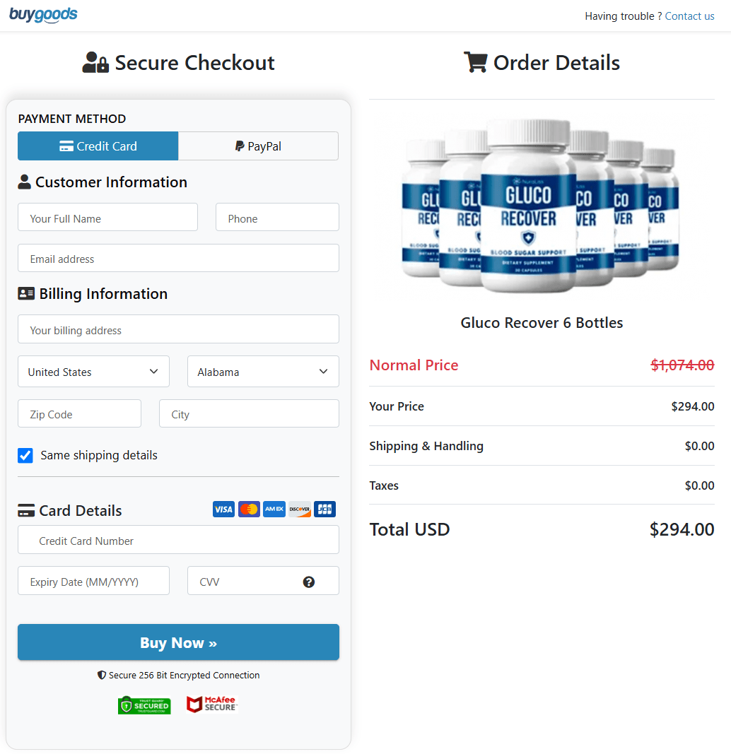 Gluco Recover order page